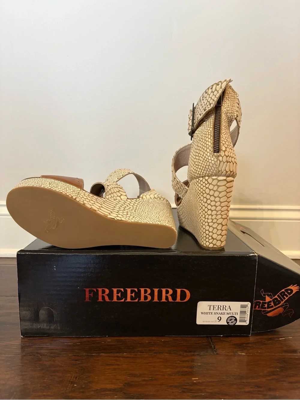 freebird Tan and Cream Snake-Print Wedge Sandals